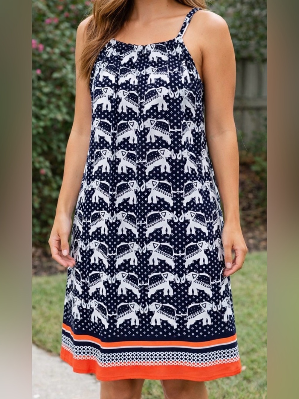 Crown & Ivy navy blue/white/orange sleeveless dress with cute elephant design